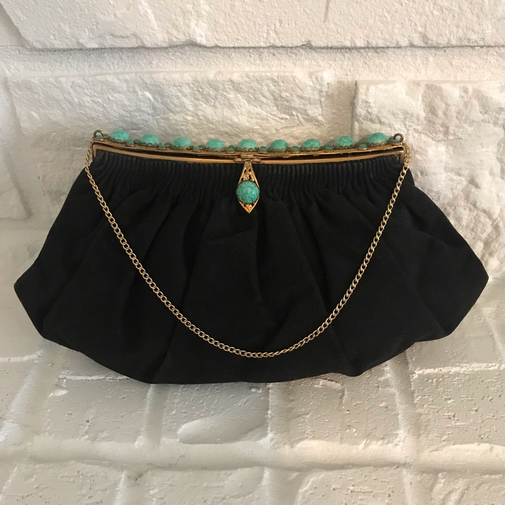Custom Vintage Black Evening Bag with Green Stones - Picture 2 of 6